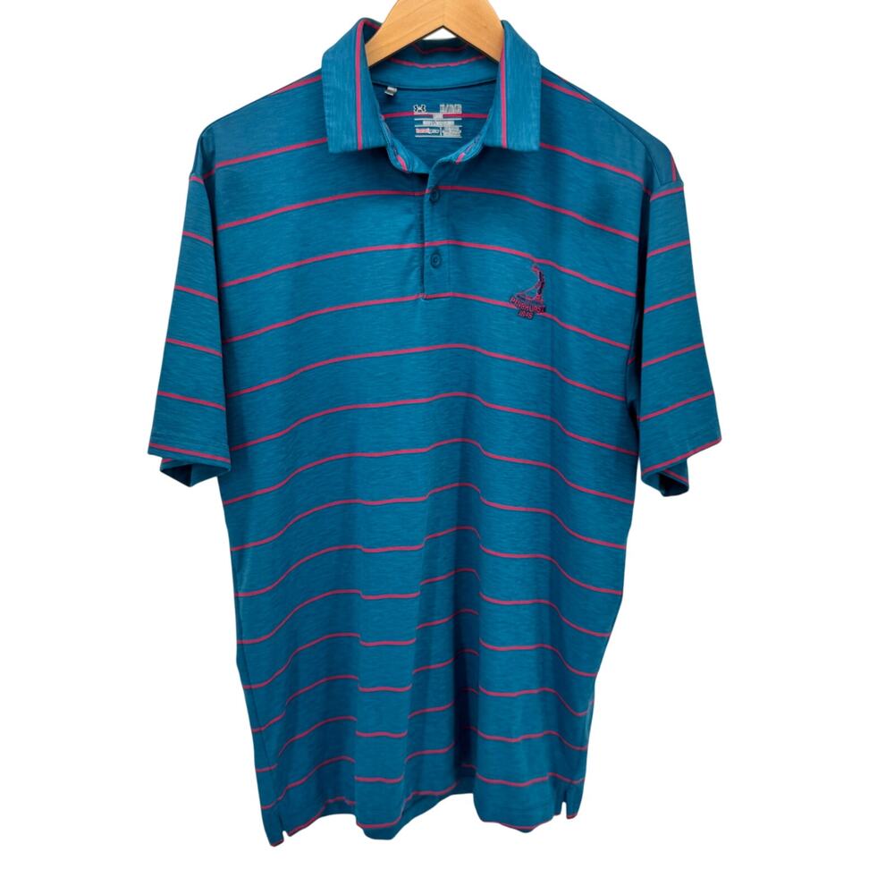 Under armour Polo Shirt Mens XL Blue Pink Stripe PINEHURST LOGO Golf Coastal